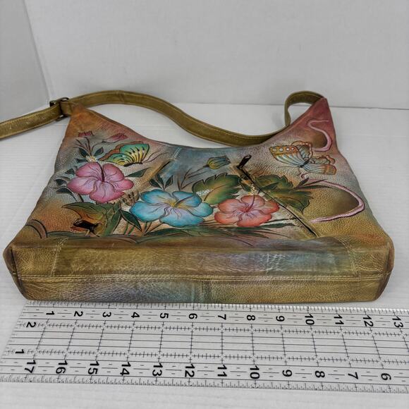 Anuschka Shoulder Bag Leather Hibiscus Flower Butterfly Hand Painted Handbag - Picture 11 of 14